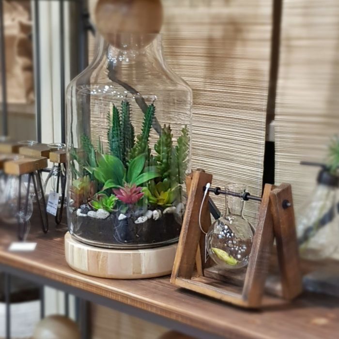 Tall enclosed terrarium with wooden base, ball, on shelf, water plant vase