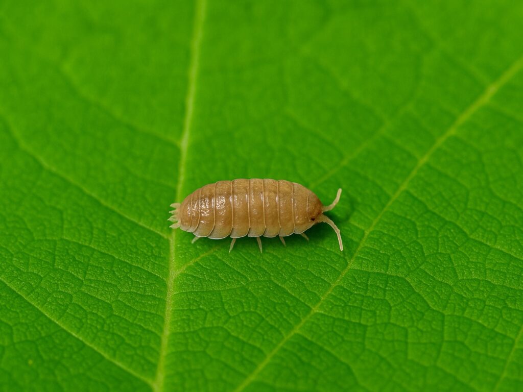 orange isopod on a green leaf
